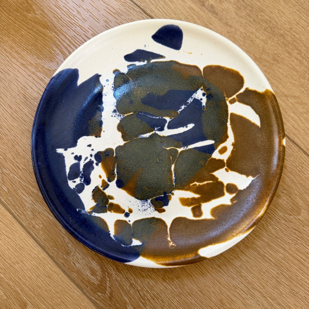 Studio Pottery Abstract Splatter Plate Blue Brown Glaze Artisan Ceramic Signed